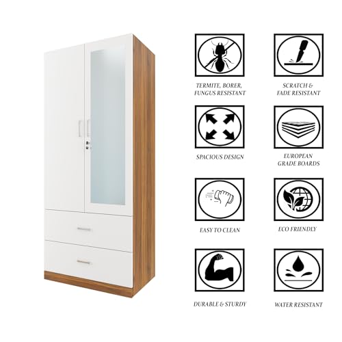 Image of VIKI Wardrobe | Wooden Almirah for Clothes,Door for Bedroom, 2 Door Wardrobe with Drawer, Mirror & Hanging Space (Walnut & White - 40D x 80W x 180H) | 1 Year Warranty | Free Assembly