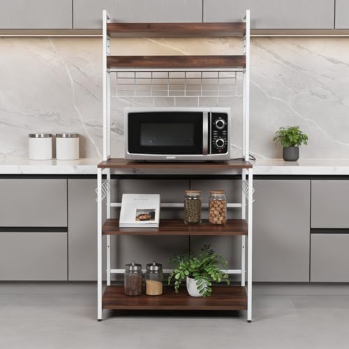 Image of wow craft 5-Tier Storage Rack with White Frame | Multipurpose Kitchen Microwave Stand, Bookshelf & Office Organizer | Heavy Duty Metal Frame Shelf, Space Saving Rack, Easy Assembly