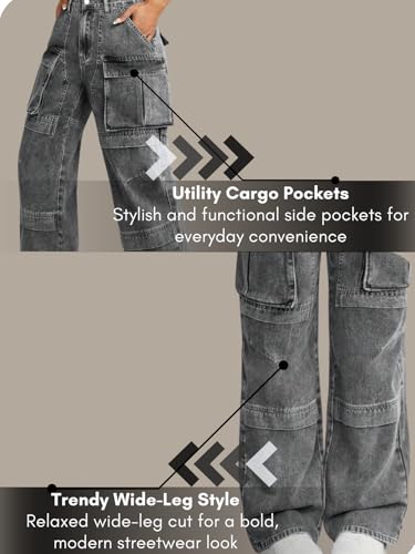 Image of GRECIILOOKS Women's Stretch Denim Wide Leg Jeans | Comfort Fit, Straight Cut, Casual Style | Baggy Cargo Style Casual Pants