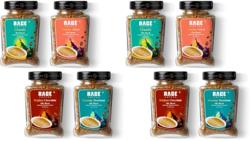 Image of RAGE COFFEE Silk Blend 60G X 4 Flavoured Instant Coffee Powder Of Belgian Chocolate, Classic, Creamy Hazelnut, Perfect Coffee Blend | Hot & Cold Coffee | Bottle| Pack Of 8- (240 Gram)