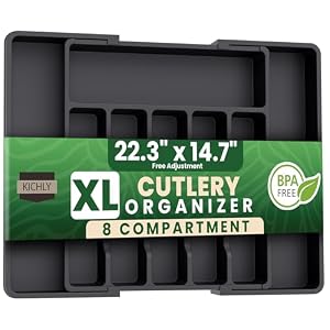KICHLY Cutlery and Kitchen cutlery drawer organiser Expandable 8 Compartment for Kitchen, Multipurpose Large cutlery Tray and Spoon Holder, Adjustable Silverware Plastic Organizer, (Black)