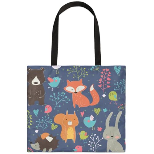 Mularoka Fox Rabbit Squirrel Square Canvas Tote Bag Top Handle Purses Stylish Women Canvas Shoulder Tote Bags Reusable Handbags for Work Travel Picnic Beach Shopping Gym Hiking