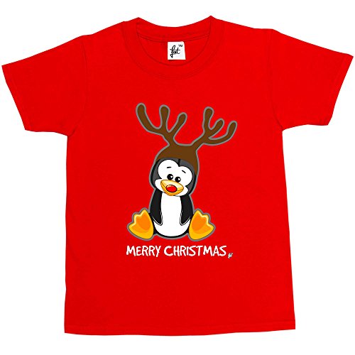 Image of Fancy A Snuggle Christmas Penguin with Red Nose & Reindeer Antlers Kids Boys/Girls T-Shirt Red 9-11 Year Old