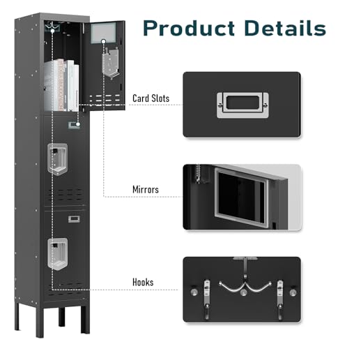 SAPITAL Metal Locker with 3 Doors Employees Locker, Metal Storage Locker with Hooks, 66\" Storage Cabinet Lockers for Employees, Home, Office, Gym Requires Assembly (Black)