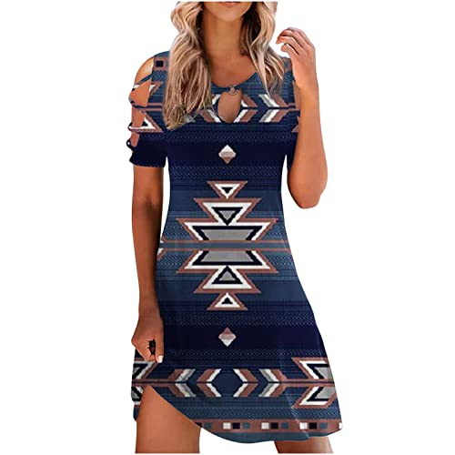 Tribal Printed Dresses for Women Round Neck Cutout Bust Strap Cold Shoulder Pullover Dress Geometric Striped Dress