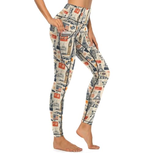 Pantalon de yoga avec poches pour femme imprimé monument vintage