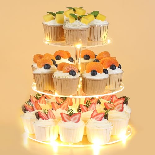 HENABLE 3 Tier Round Cupcake Stand Cupcake Holder, Acrylic Cupcake Tower with LED Yellow Light for 24 Cupcakes, Dessert Table Display Set for Birthday, Bar, Decor Weddings, Parties Events