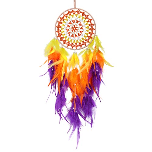 MEIRIYFA Atrapasueños Hecho a Mano con Plumas Adorno Colgar Pared para el Dormitorio de Las Niñas (Naranja-Púrpura) Cover