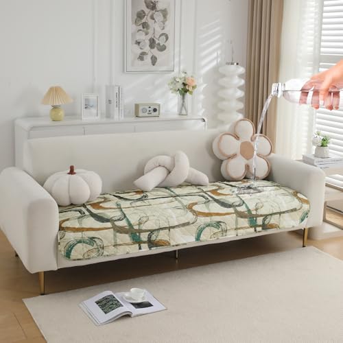Image of HOKIPO 'Elira Series' Polyester Blend Digitally Printed Water Repellent + Waterproof Sofa Seat Mat for 1 Seater Sofa - Parchement Beige Abstract Art (AR-5241-C6*1)