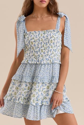 Image of Women Tie Shoulder Mini Dress Floral Ruffle Babydoll Dress Boho Square Neck Sundress Cute Summer Dresses
