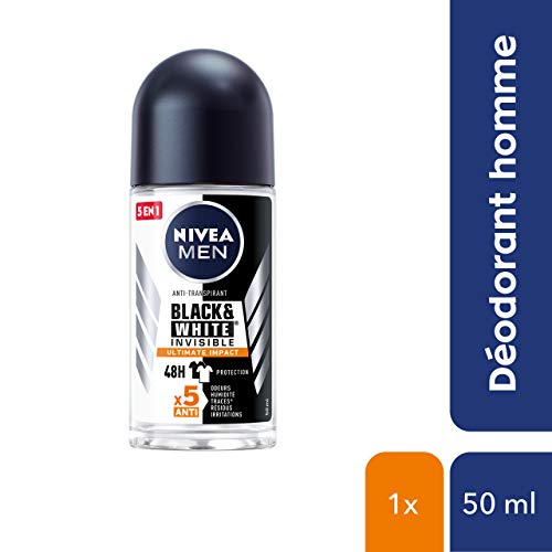 NIVEA MEN Déodorant Bille Black & White Ultimate Impact (1 x 50 ml), déodorant homme anti-traces blanches et jaunes, anti-transpirant anti odeur & humidité, protection efficace 72h, sans alcool