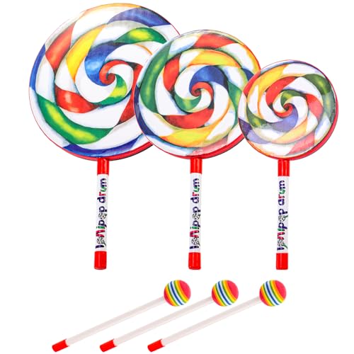 Foraineam 3 Pieces Lollipop Drum with Mallet 10 Inch 8 Inch 6 Inch Percussion Lollipop Hand Drum...