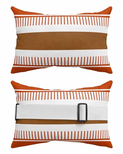 Boanket Outdoor Lumbar Pillow Set of 2, Burnt Orange Farmhouse Waterproof Beach Headrest Pillow with Inserts, Orange Brown Striped Recliner Throw Pillow for Patio Furniture, 12