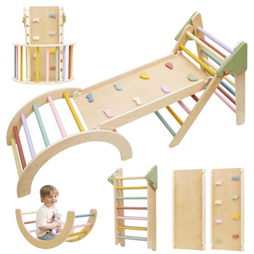 Pikler Triangle Set, Montessori Toddler Climbing Toys Indoor, Pikler Climbing Set with Foldable Pikler Triangle Ladder&Reversible Slide, 3 Piece Wooden Baby Climbing Gym Indoor Playground