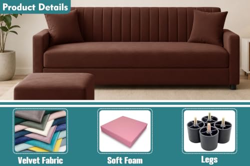 Image of Modern 3-Seater Velvet Sofa with Ottoman| Vertical Channel Tufted Backrest | Comfortable Living Room Sofa | Contemporary Furniture for Home, Bedroom & Office | Brown