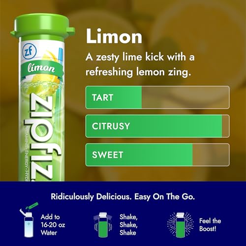 Zipfizz Energy Drink Mix, Electrolyte Hydration Powder with B12 and Multi Vitamin, Limon (20 Pack)