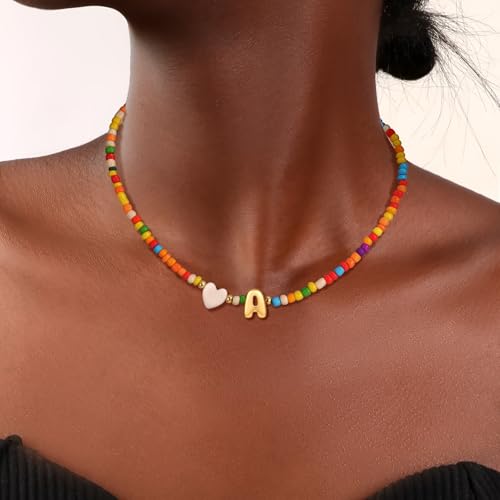 Colorful Initial Necklaces for Girls Women, Teen Girl Gifts Trendy Stuff Cute Heart Shell Bead Necklace Jewelry Gifts3