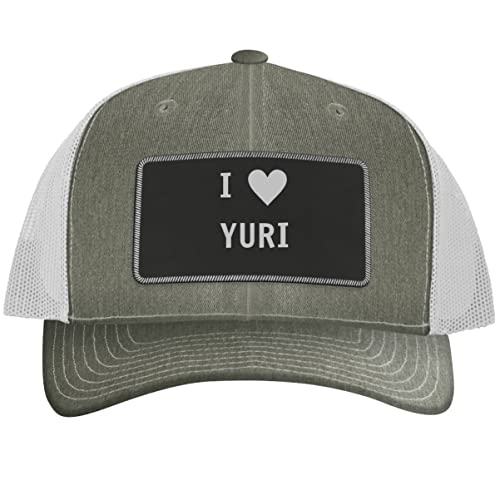 I Heart Love Yuri - Leather Black Patch Engraved Trucker Hat, Heather-White, One Size