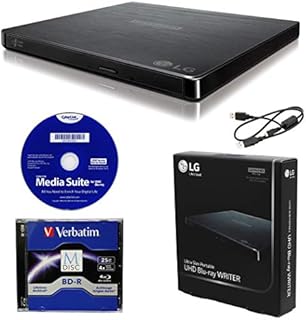 LG BP60NB10 Portable 6X Ultra HD 4K Blu-ray Burner External Drive with CyberLink Software, 25GB M-DISC BD-R, and USB Cable - Burns CD DVD BD DL BDXL Discs