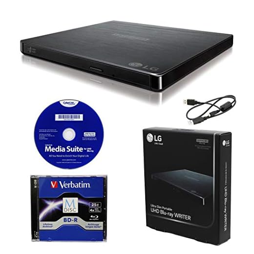 LG BP60NB10 Portable 6X Ultra HD 4K Blu-ray Burner External Drive with CyberLink Software, 25GB M-DISC BD-R, and USB Cable - Burns CD DVD BD DL BDXL Discs