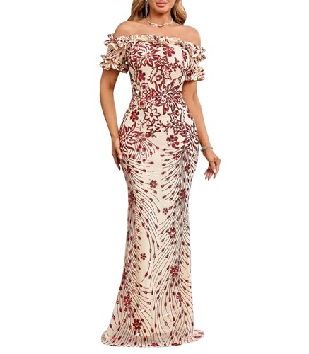 Image of dasmzper Women Sexy Sequin Off Shoulder Ruffle Short Sleeve Bodycon Mermaid Party Formal Evening Maxi Dress