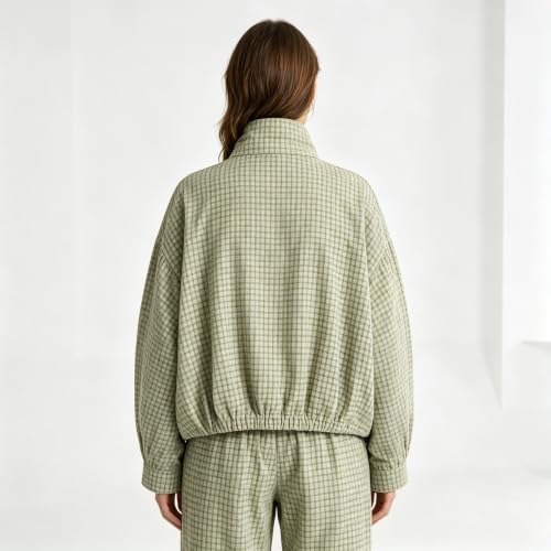 Plaid Bomber Jacket Women Oversized Cropped Funnel Neck Gingham Jacket - image 3