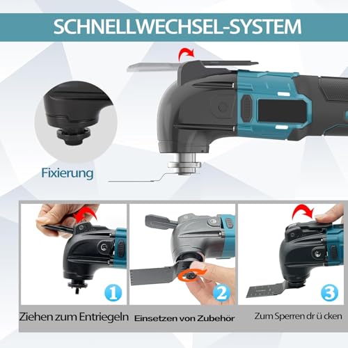 Akku-Multitool,multifunktionswerkzeug Akku für Makita 18V Akku, Werkzeugloser Zubehörwechsel,6 Geschwindigkeitsstufen, Anti-Vibrationsgriff,8500-21000RPM,22 Zubehör(inc 2 3.0Ah akkus) – Bild 6