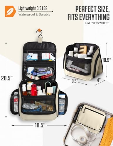 Image of VENTURE 4TH Hanging Travel Toiletry Bag, 18 Compartments - Beige | Hangs on rails, hooks or doors; stands upright. Removable TSA pouch. Water-resistant Nylon 290D Twill, reinforced stitching.