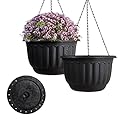 YIKUSH Hanging Planter for Indoor and Outdoor Plants 2 Pack 12 inch Flower Pot Plastic Plant Pot with Drainage Hole and Absorbing Tray