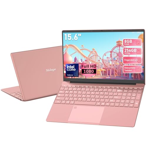 Molegar Ordenador portátil FHD de 15,6 pulgadas, 8 GB de RAM, 256 GB SSD, Celeron 5205U, teclado QWERTY con retroiluminación, lector de huellas dactilares, WiFi, HDMI, ordenador portátil para empresas