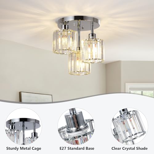 Modern Crystal Chandeliers Ceiling Light, 3-Lights Crystal Ceiling Lights Living Room, Chrome Semi Flush Ceilings Light Fittings for Hallway, Bathroom, Bedroom, Foyer, Kitchen Light Fixture - Image 5