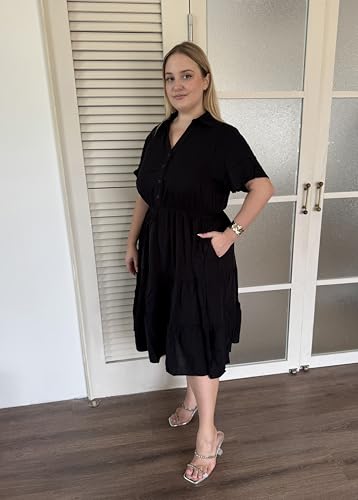 Image of CARCOS Plus Size Dresses for Curvy Women Collared Vneck Short Sleeve Dresses Midi Summer Ruffle Dress with Pocket XL-5XL