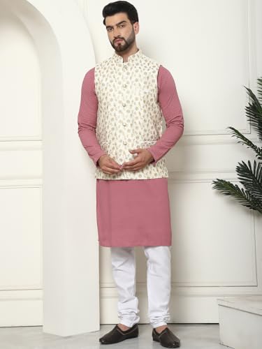 Image of SOJANYA (Since 1958 Men's Cotton Linen Maroon Kurta and White Pyjama with Mustard Cotton Nehru Jacket