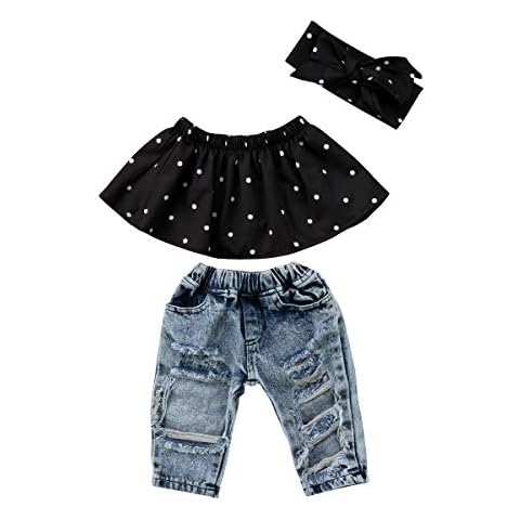 Carolilly Conjunto de 3 piezas para niña de verano sin tirantes con lunares + pantalones vaqueros + banda Cover
