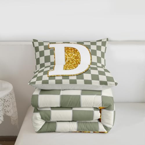 Image of Erosebridal Sage Green Checkered Comforter Set Full Plaid Initial D Bedding Set Personalized Monogram Comforter for Kids Adults,Fashion Grids Gingham Quilt Duvet