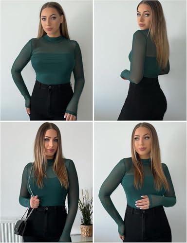 Zeagoo Camiseta de malla para mujer, transparente, cuello redondo, manga larga, sexy, para fiestas, corte ajustado, camiseta de manga larga, verde, S