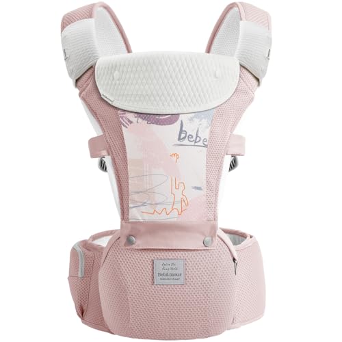 Image of Bebamour Baby Carrier Safety-Certified Hip Seat Baby Carrier Newborn to Toddler Baby Hipseat 0-36Months with Head Hood, 3 PCS Teething Pads, Waist Extender & Storage Bag,Pink Print