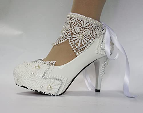 Women's Lace Bridal Round Toe High heel Shoes Ribbon Dress Party pumps with Rhinestone Shoes4