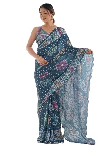 Image of Panzora Women's Chinon Printed Saree With Unstitched Blouse Piece