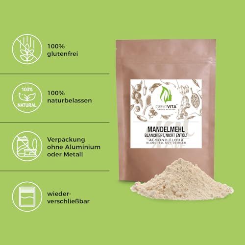 GreatVita Mandelmehl, 1000g | naturbelassen & blanchiert | feines Mehl aus gemahlenen Mandeln - ideal für Low-Carb Küche, Backen & Panieren | reich an Proteinen & Ballaststoffen, vegan