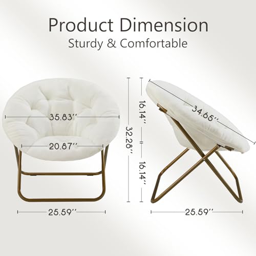 Image of Simple Deluxe Saucer Chair, Round Foldable Reading Chairs, X-Large Size Cozy Papasan Chair, Comfy Furry Padded Moon Chair, Round Dorm Chairs for Bedroom Living Room, White