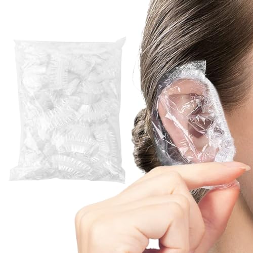 TSUWNO 100 unidades de fundas desechables para oídos para la ducha en plástico transparente, impermeables y protectoras. Ideal para tintes de cabello, duchas, baños y spas.