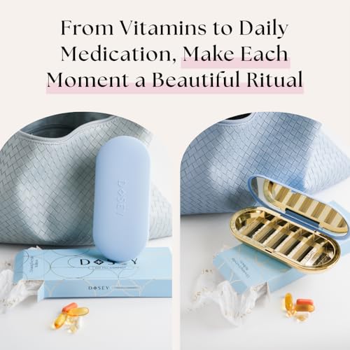 Image of Dosey 7 Day Pill Compact Travel Pill Organizer - Pill Case with 7 Pill Compartments for Medicine Storage & Protection - Stylish & Elegant Medication Organizer with Mirror (Blue)