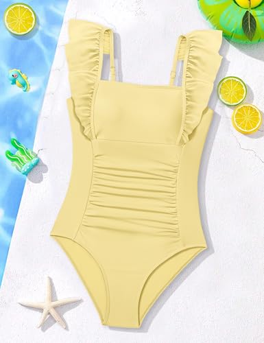 Image of NECIOUS Girls Swimsuit Ruffle Adjustable Straps One Piece Bathing Suit Solid Color Ruched Girls' Swimwear 9-16Y