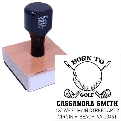 Image of Golf Passion Wood Handle Address Stamp - for Notes and Announcements | Any standard pad works. Wood Handle Rubber Stamp. Personalized Golf Stamp. 1-5 /8 inch square imprint. One household per die.