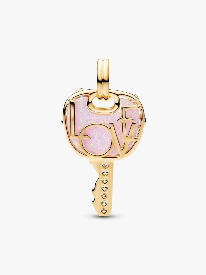 PANDORA Moments 764349C01 - Colgante grande con diseño de llave de amor rosa iridiscente con aleación de metal chapado en oro de 14 quilates y circonitas, compatible con ME y Moments