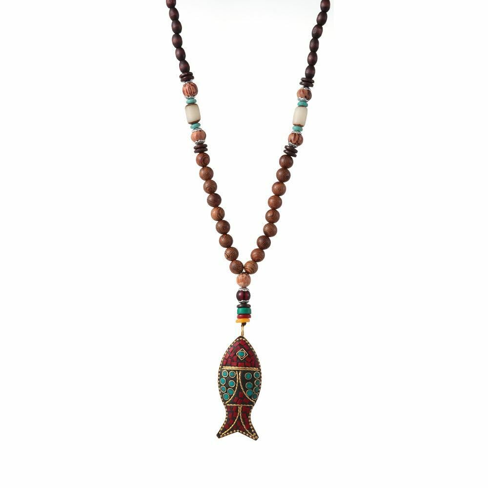the men thing BOHEMIAN WOOD FISH - Handmade Wood Bead Necklace with Horn Fish Pendant, Long Necklace for Men & Boys (36 Inch)-picture-19