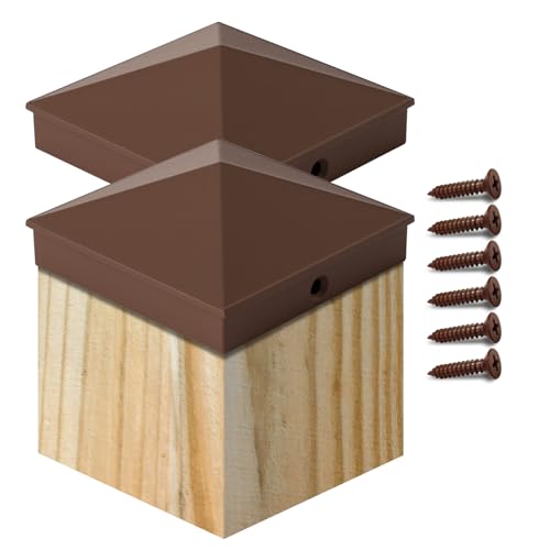Image of VIVIDA 6x6 Aluminum Post Caps(Actual 5.5 inch x 5.5 inch), Metal Fence Post Caps with Waterproof Matte Powder Coated, for Wooden Fence, Deck, Mailbox, Patio, Pyramid Style, Screw Included, Brown, 2 Pack