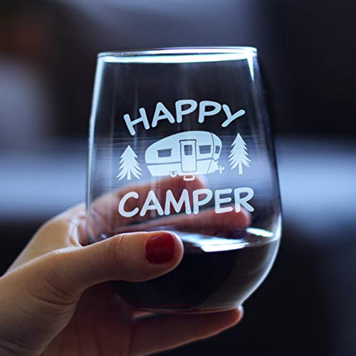 Happy Camper - Funny Stemless Wine Glass - Cute Camping Gifts - Large 17 oz Glasses - Fun RV Accessories for Women and Men