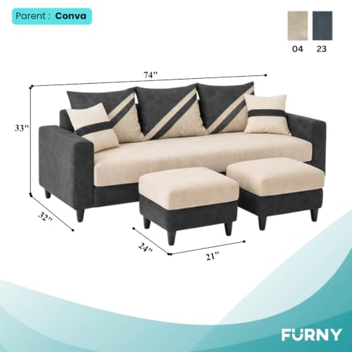Image of SLEEPIFY Covelle 3 Seater Sofa Set with 2 Ottoman (Cream - Dark Gray) | Premium Soft Velvet | Plush Comfort Cushions | Modern Living Room Sofa | Spacious Comfortable Seating